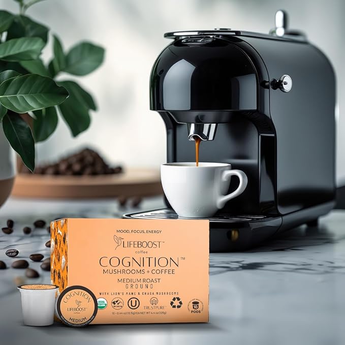 Lifeboost Cognition Mushroom Coffee Pods ??Organic Low Acid K-Cups with Lion?셲 Mane & Chaga Adaptogens ??Nootropic Coffee for Energy, Focus & Immune Support ??10 Count