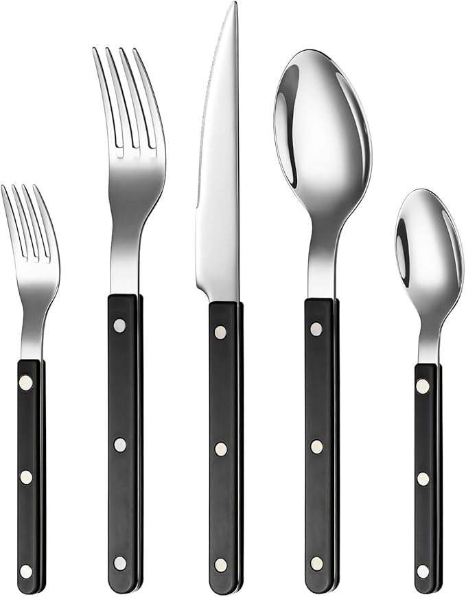 Khen Cutlery Set of 20, 18/8 Stainless Steel Flatware, Modern Silverware for Home, Kitchen, Dining & Table Setting for 4 ??Stainless Steel, Dishwasher Safe, Lightweight & Ergonomic Design Gift - Black