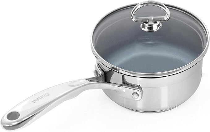 Chantal Induction 21 Steel 1 quart NonStick Saucepan with Tempered Glass Lid, Ceramic Non Stick, Brushed Stainless Steel