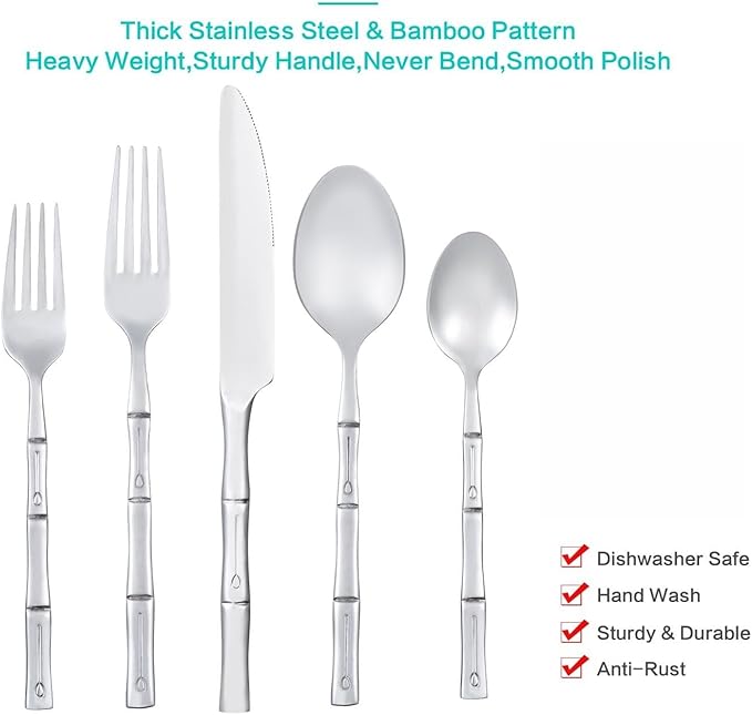 Silverware Set Stainless Steel Flatware Set 40 Pieces Cutlery Set Bamboo Handle Mirror Finished for Home Kitchen Restaurant Hotel Cutlery Set Service for 8