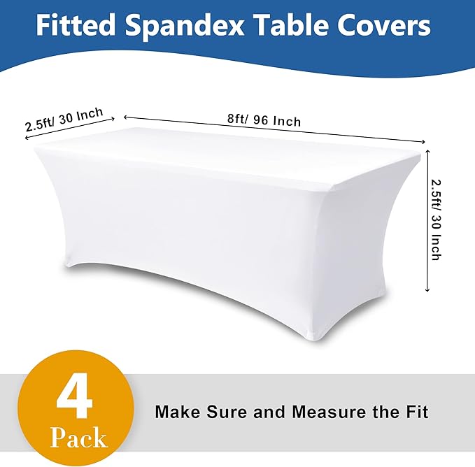 Enjoyidea Spandex Table Cloths for 8 Foot Rectangle Tables-4 Pack Fitted Stretch White Table Covers-Elastic Folding Tablecloths for Party, Vendor Booth Display, Banquet Buffet Event, Craft Trade Show