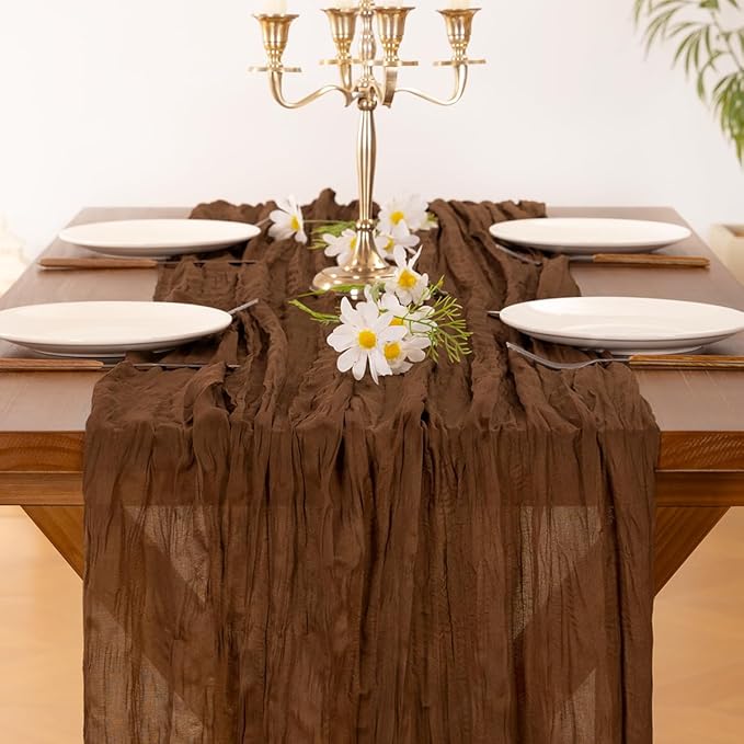 Socomi 3pcs Brown Coffee Valentine's Day Cheesecloth Table Runner Boho Rustic Gauze 120 inch 10FT Cheese Cloth Runner for Wedding Party Baby Shower Birthday Home Decor Holiday Decorations