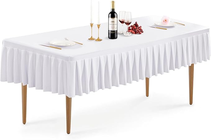 Wish Care White Spandex Table Clothes for 4 Foot Rectangle Tables Wrinkle Free Stretch Fitted Tablecloth 4ft Pleated Ruffle Elastic Table Cover Skirt for Banquet Dining Outdoor Home Party Tablecloth