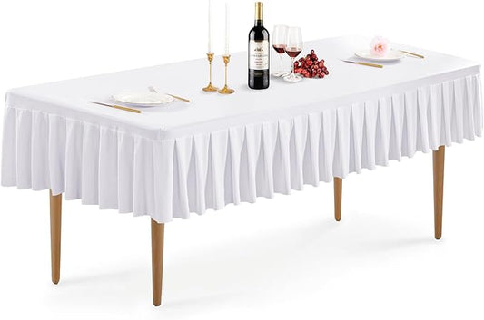 Wish Care White Spandex Table Clothes for 4 Foot Rectangle Tables Wrinkle Free Stretch Fitted Tablecloth 4ft Pleated Ruffle Elastic Table Cover Skirt for Banquet Dining Outdoor Home Party Tablecloth