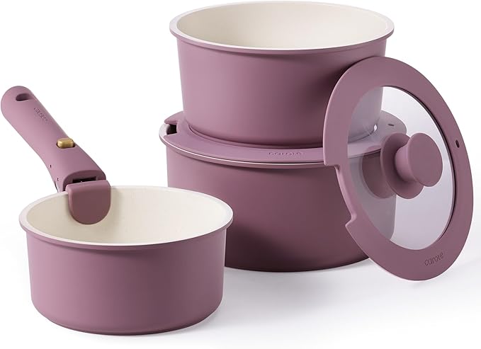CAROTE 6pcs Nonstick Sauce Pan Sets with Lid 3 Sizes竊?.5QT, 2QT & 3QT竊? Non Stick Cooking Pot with Detachable Handle, Kitchen Sauce Pots Induction Pot, PFOA FREE, Dishwasher Safe, Purple