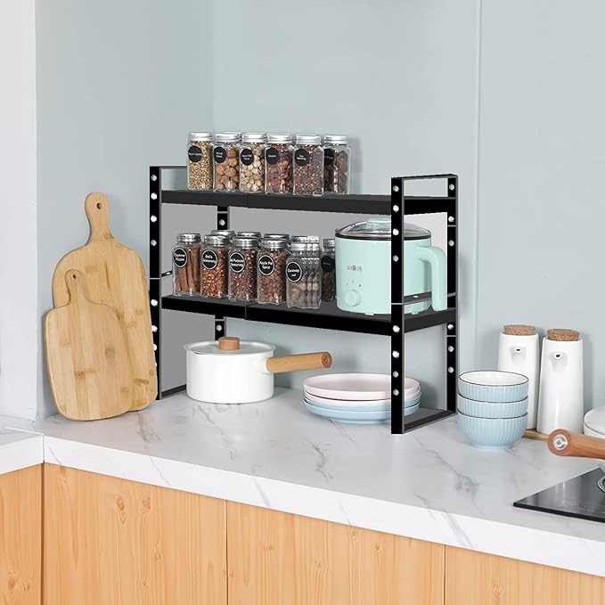 Expandable Stackable Spice Rack Cabinet Shelf Organizer in Cabinets Shelves Kitchen Cupboard Organization Stack up Racks Pantry Countertop Storage Large/Black 1 Pack