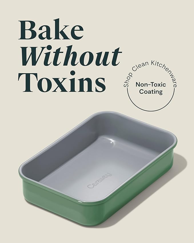 Caraway Nonstick 9??x 6.5??Small Rectangle Baking Pan Duo ??Non-Toxic, PTFE & PFOA Free ??Aluminized Steel Core ??Deep Ceramic Baking Pan for Casseroles, Lasagna & More - Sage