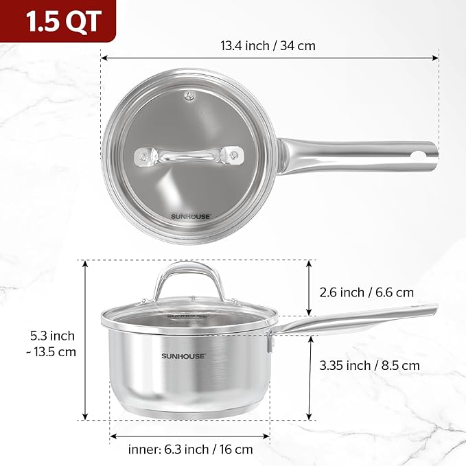 Sunhouse ??2 Quarts Stainless Steel Sauce Pan with Lid - PFOA-FREE, Stainless Steel Sauce Pan, Advanced Impact Bonding Induction Base, Stay-Cool Handle, Compatible with All Cooktops