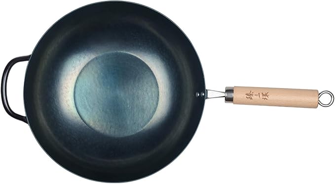 ?삡툒??ZhenSanHuan HandHammered Iron Wok Flat Bottom Induction Suitable (34CM Wood Handle with Help)