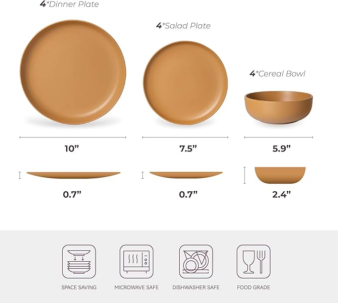 Furrnook 12-Piece Stoneware Dinnerware Set with Mugs | Microwave and Dishwasher Friendly | Stackable Matte Glaze Plates & Bowls | Service for 3 (Orange for 4)