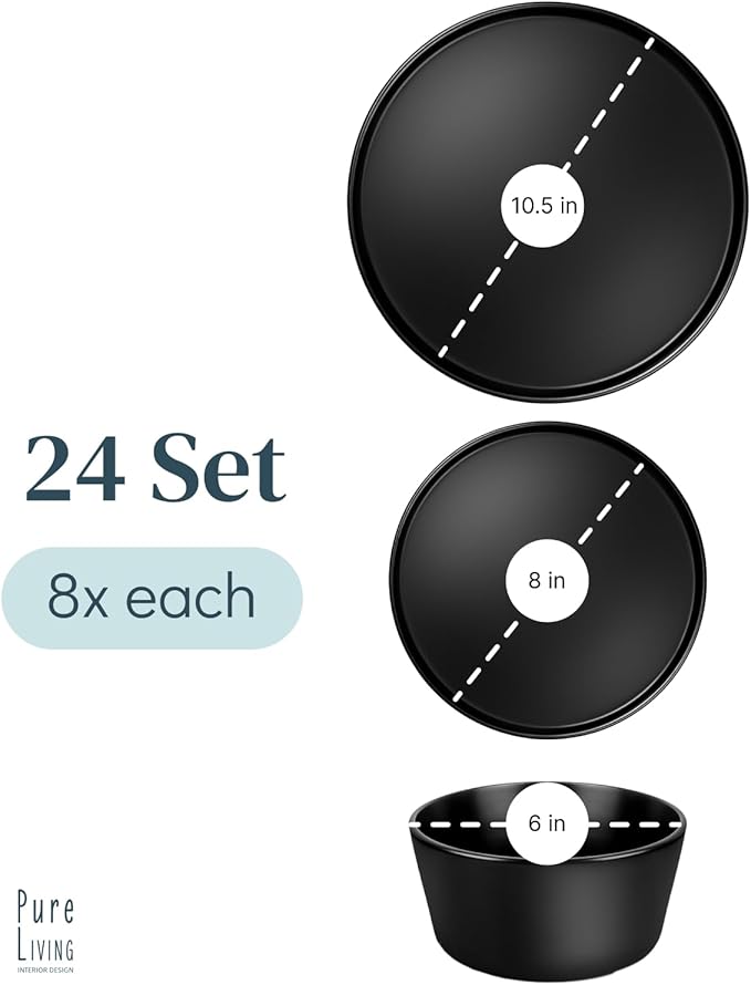 Stoneware dinnerware set 8 persons 24 pcs ??Ultra chic matte black plates and bowls set ??Dishwasher and microwave safe ??Bowl and plate set ??Dinner service Pure Living