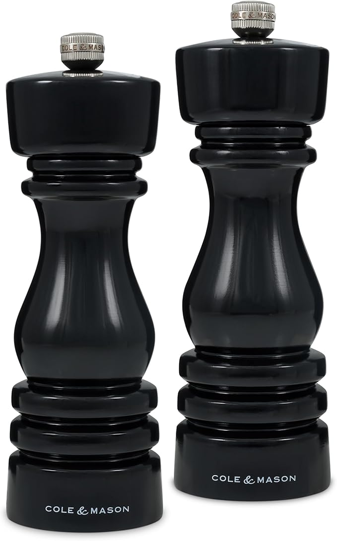 Cole & Mason London Refillable Spice Mill - Kitchen & Home Accessory - Salt & Pepper Grinder Set - Salt Mill with Ceramic Mechanism - Pepper Mill with Carbon Steel Mechanism - 7", Black Gloss