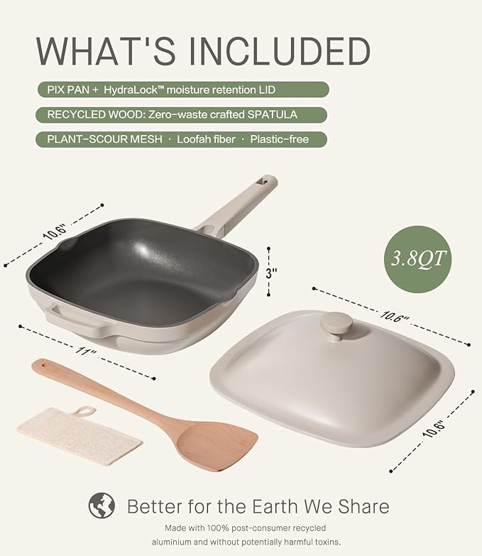 10.5 Inch(3.8QT) Ceramic Pan with Lid,Non Stick Frying Pans Cast Aluminum Deep Saut챕 Pans,Ti-Ceramic Non Toxic Pix Pan with Wooden Spatula and Scrubber-Morning Mist