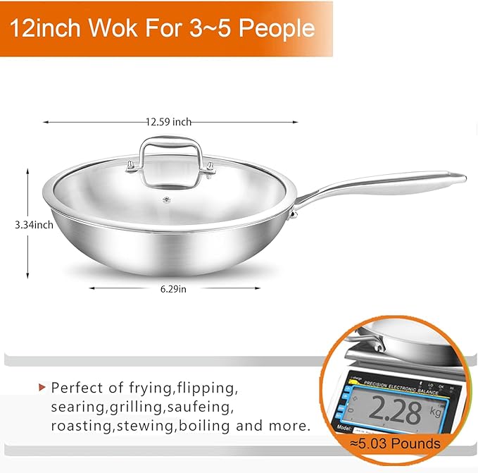 DELARLO Tri-Ply Stainless Steel Woks, 12 Inch Healthy Non-Toxic Cooking Wok Pan with Lid, Wide & Deep Cookware Stir-Fry Pans, Dishwasher and Oven Safe Up To 600째F, Works on Induction