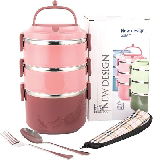 SANQIAHOME 3 Tier Stackable Stainless Steel Lunch Box Sealed(pink, 3 layers) with spoon and fork