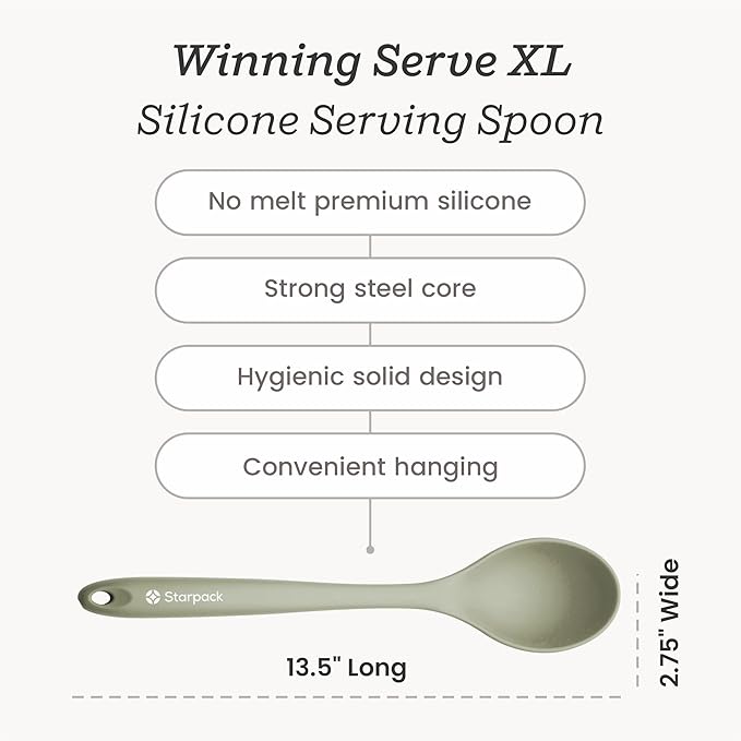 Starpack 'Winning Serve' XL Premium Silicone Serving Spoon (13.5") - Large Silicone Spoon for Cooking High Heat Resistant to 600째F - LFGB Grade Nonstick Mixing Spoons - Large Rubber Serving Spoons