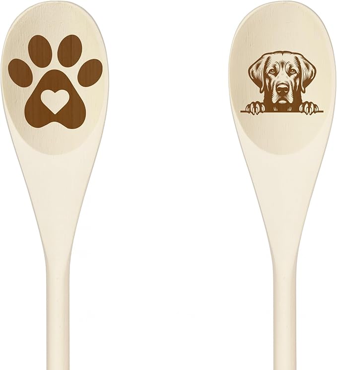 LABRADOR Wooden Spoons for Cooking, Serving or Decorative Kitchen Utensils Set Dog Lover Dog Mom/Dad Gift with Peeking Dog Designs, Paw Print and Dog Head, Kitchen Utensils Set of 2