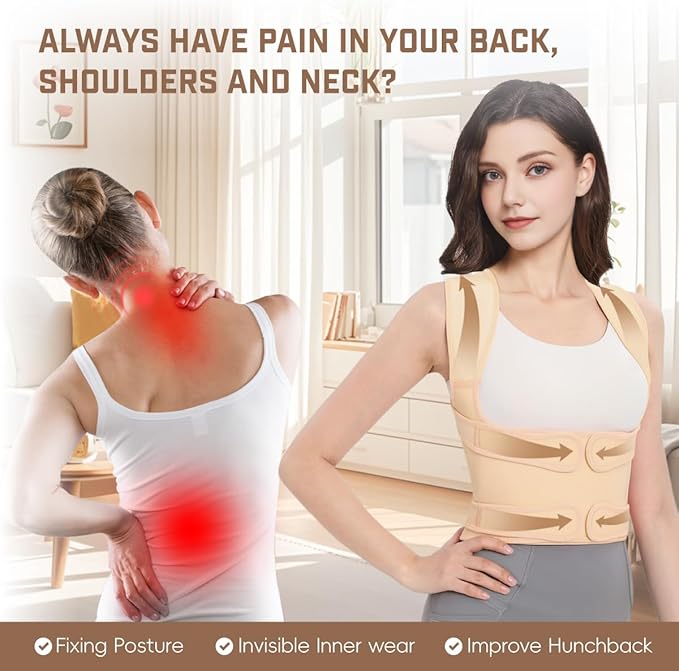 Back Brace Posture Corrector for Women & Men, Adjustable Shoulder Straightener with Full Back Support, Relief for Lower & Upper Back Pain, Hunchback & Scoliosis (Beige, Large)