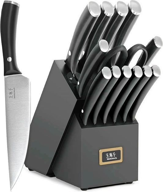 Premium Knife Set High Carbon Stainless Steel Forged Sharp Knives Set for Kitchen Rivet Ergonomic Handle Hundreds of Years of Masterful Craftsmanship(Black,15PCS)