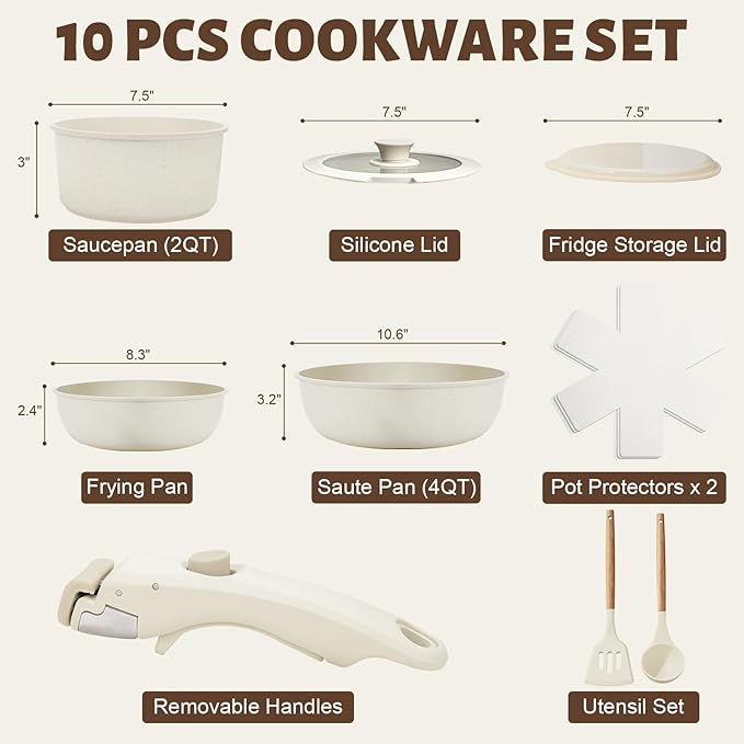 Numola 10 pcs Pots and Pan Set Non Stick with Detachable Handle, Ceramic Cookware Set for Stackable, Induction Kitchen Cookware Set for RV, Dishwasher 竊?Oven Safe, Cream White
