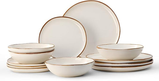 Bestone 12 Pieces Round Kitchen Dinnerware Sets竊똏lates and Bowls Sets,Dishes, Plates, Bowls, Dish Set, Chip Resistant Ceramic Dinnerware Set, Dishwasher/Microwave Safe,Service for 4,Pearl White