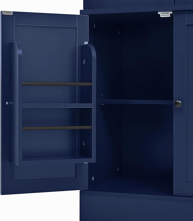 75-inch Tall Kitchen Pantry Cabinet, Freestanding Buffet with Hutch, Storage Cabinet with 4 Drawers, Door Shelves and Pull-Out Trays for Dining Room (Blue + MDF + Farmhouse)