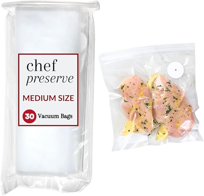 Chef Preserve Reusable Vacuum Sealer Bags for Food ??30 BPA-Free Medium (10 x 11 in) Food Storage Bags, Freezer, Microwave ??Odor-Resistant, Leak-Proof ??Compatible with Chef Preserve Vacuum Sealers