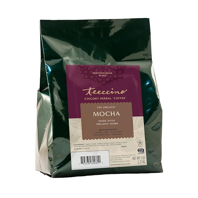 Teeccino Mocha Chicory Coffee Alternative, 5 Lb Bag - Ground Herbal Coffee That?™s Prebiotic, Caffeine-Free & Acid Free, Medium Roast