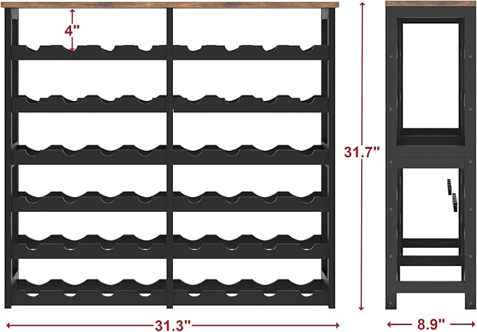 6 Tier Bamboo Wine Rack Freestanding Floor, 24 Bottles Wine Storage Shelves with Table Top, Stackable Wine Display Rack for Kitchen, Bar, Dining Room, Rustic Brown and Black