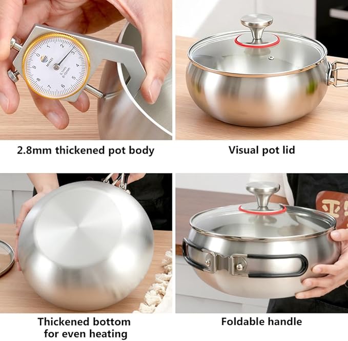 Thickened Multi-Layer Stock Pot, Stainless Steel Camping Cook Pot with Lid and Folding Handle, Scratch-Resistant Non Stick Frying Pans, Even Heating for Cooking,9.45IN