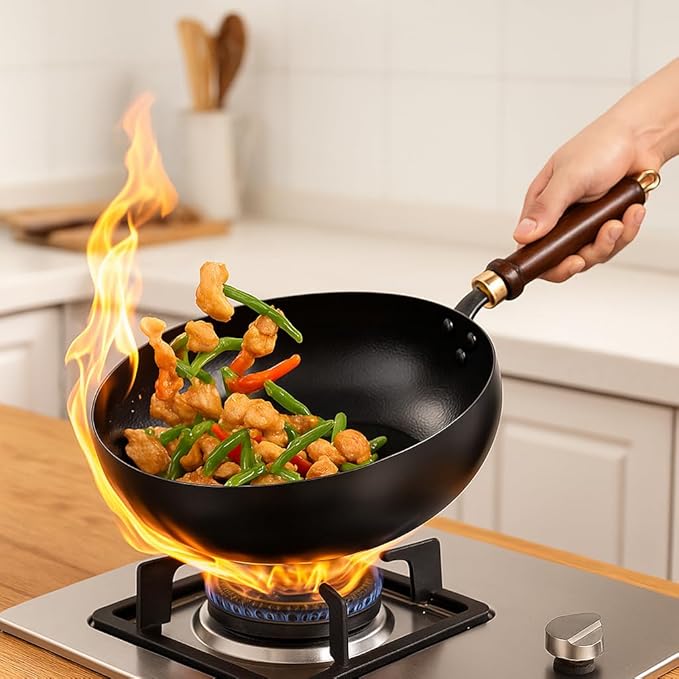 Usceshonn Iron Pot, Handmade Uncoated Thick Iron Wok with Wooden Lid, Japanese Hammered Large Belly Cooking Pan, Non-Stick Deep Stir Fry Pan for Gas & Open Flame (Wooden lid, 11in)