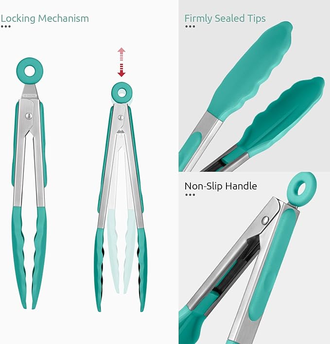 600쨘F Heat Resistant Kitchen Tong: U-Taste 7in Silicone Cooking Tong with Firm Sealed Non Stick Rubber Tips & Silicon Coated 18/8 Stainless Steel Handle & Smooth Locking for Serving Salad (Aqua Sky)