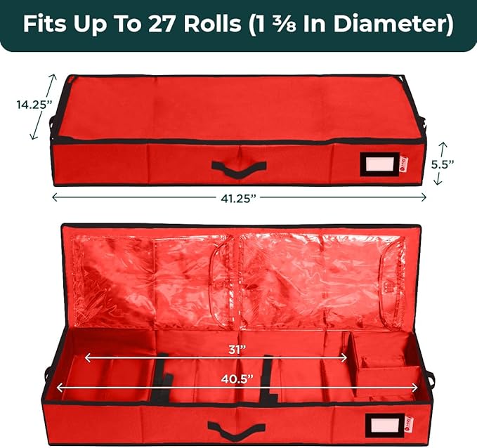 HOLDN??STORAGE Premium Wrapping Paper Storage Container - Durable 600D Tear-Proof, Fits 27 Rolls Gift Wrap, Extra Pockets for Ribbons & Bows, Underbed Storage - Ideal for Holiday Christmas, Red