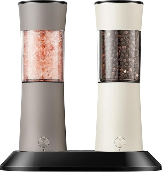 Electric Salt and Pepper Grinder Set ??Rechargeable Pepper Mill with USB-C Charging Base, Dual LED Light, Automatic One-Handed Mill for Kitchen & Cooking, Cream Brown Design, 2 Pack