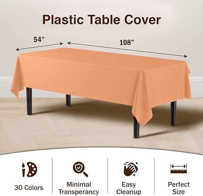 Party Solids Pack Of 6 Premium Plastic Tablecloth 54 Inch x 108 Inch Rectangle Plastic Table Cover - Peach