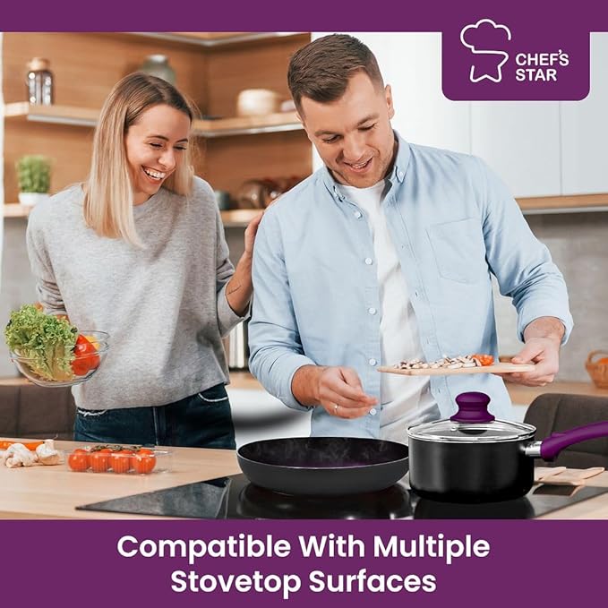 Chef?셲 Star Aluminum Pots and Pans Set for Kitchen - Nonstick Stackable Induction Cookware, 11 Pcs, Purple