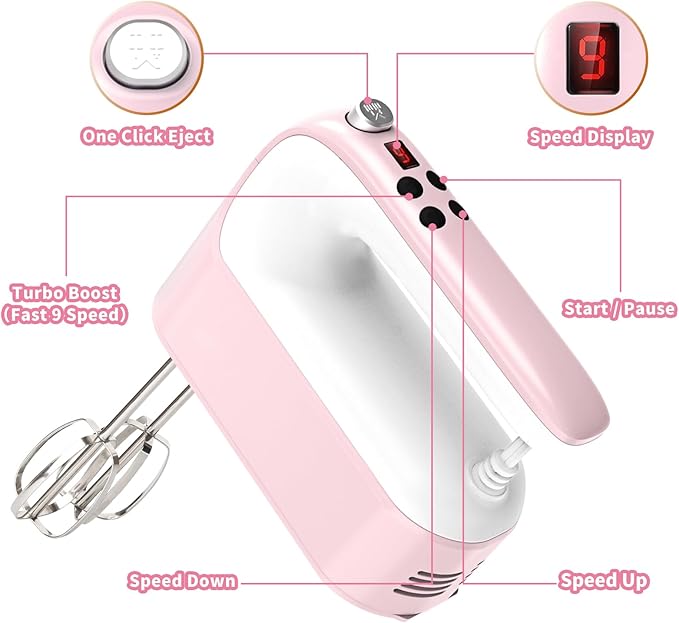 9-Speed Digital Hand Mixer Electric, 400W Powerful DC Motor, Baking Handheld with Snap-On Storage Case, 5 Stainless Steel Accessories, Flat Beaters, Dough Hooks, Whisk(Pink/White)