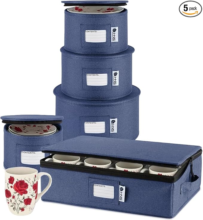 China Storage Hard Shell Containers 5-Piece Set Moving Boxes for Dinnerware, Glasses, Plates, Mugs and Saucers Sturdy Dish Organizer with Dividers for Seasonal Storage - Service for 12 - Denim Blue