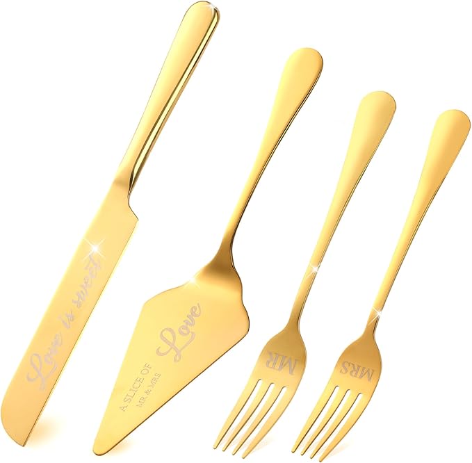 Wedding Cake Knife and Server Set with Forks for Bride and Groom, 4 Pieces Mr and Mrs Wedding Cake Cutting Set For Bridal Shower Gifts Couple Engagement Birthday Anniversary, Gold