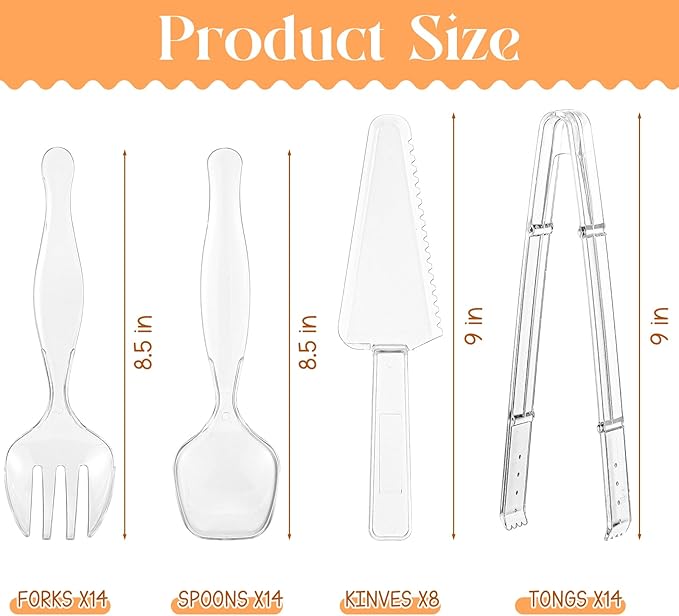 50 Pcs Disposable Plastic Serving Utensils Set Include 8.5'' Serving Spoons Forks 9'' Tongs and Knives for Birthday Party Buffet Dinner Food Salad Utensils Christmas (Clear)