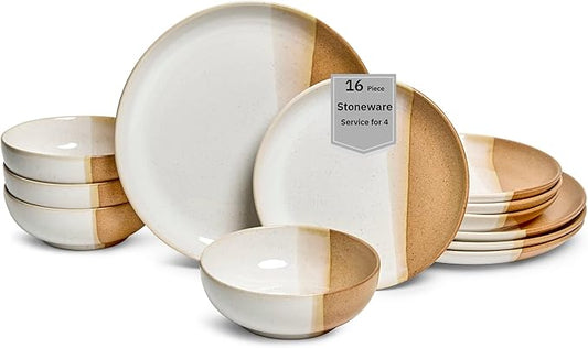 Sango Phoebe 12-Piece Multicolor Stoneware Dinnerware Set ??Service for 4, Plate & Bowl Set, Caramel Stoneware with a Rustic White Glaze, for Daily Dining & Entertainment, Microwave & Dishwasher Safe