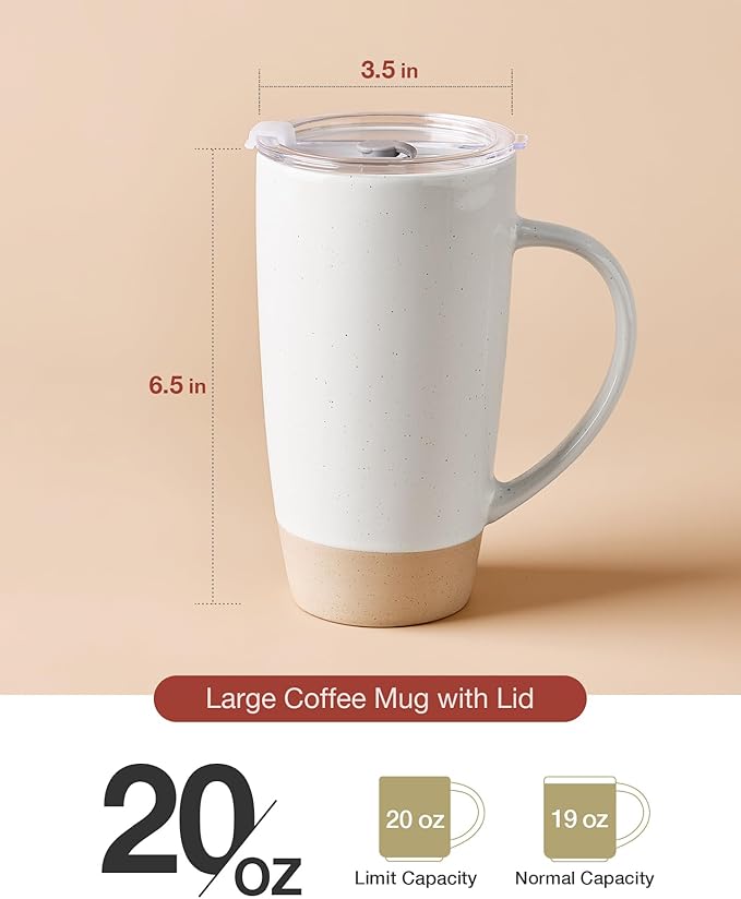 famiware Milkyway Coffee Mugs, 20oz Large Coffee Mug, Ceramic Mug Set of 2 with Lid, Cup Set with Handle for Latte, Tea, Cocoa, Milk, Home & Office, White and Dark Gray