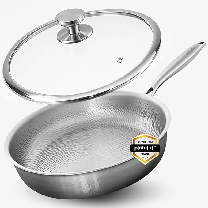 Plateful Titanium Pan For Cooking 12" - Pure, No Coating Non-Stick Titanium Cookware, Frying Pans, Hammered Pan, Safe For Oven, Induction & Cooktops Up To 750째F, Includes Lid