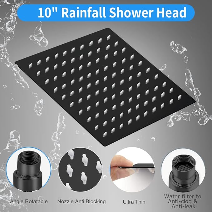 Shower Head, Kaqinu 10'' High Pressure Rainfall Shower Head/Handheld Showerhead Combo with 11??Extension Arm, Anti-leak Shower Head with Holder/Hose, Flow Regulator - Matt Black
