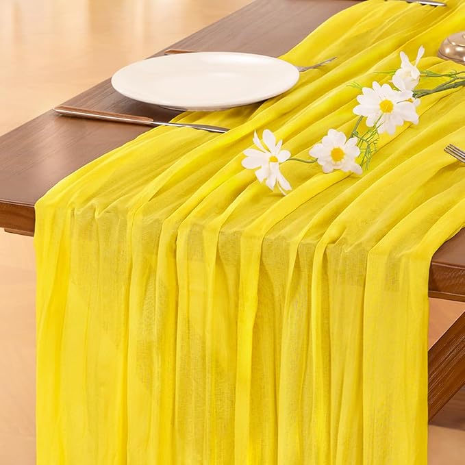 Socomi 3pcs Yellow Spring Cheesecloth Table Runner Boho Rustic Gauze 120 inch 10FT Cheese Cloth Runner for Wedding Party Baby Shower Birthday Home Decor