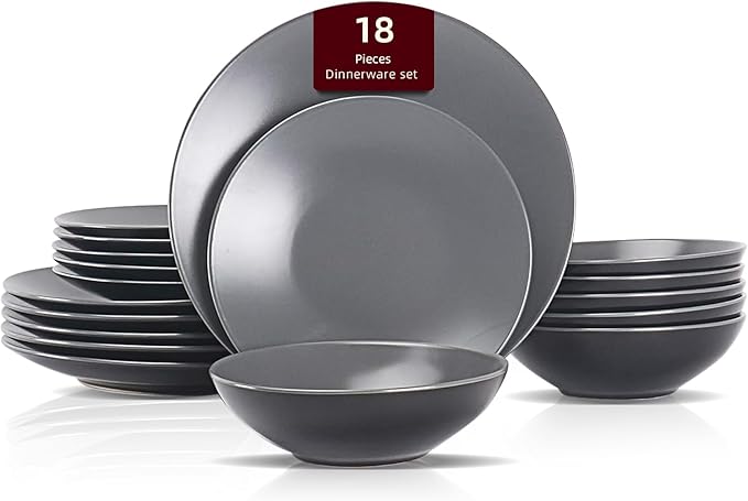 Stoneware Two-Tone Colors Life 18pc Dinner Set, Outside Shiny Black + Inside Matte Glaze Warm Grey