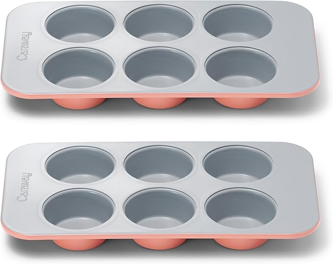 Caraway Nonstick Ceramic 6 Cup Muffin Pan Duo ??Non-Toxic, PTFE & PFOA Free ??Oven Safe ??Aluminized Steel Core ??Small Muffin Pan for Baking Cupcakes, Muffins & More - Perracotta