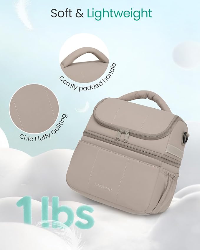 Leadvenst Lunch Bag Women Men, Double Deck Insulated Lunch Box, Large Capacity 12L with Detachable Divider for Tall Item, Leakproof, Durable & Reusable Cooler Bag For Work Picnic Travel, Quilted Khaki