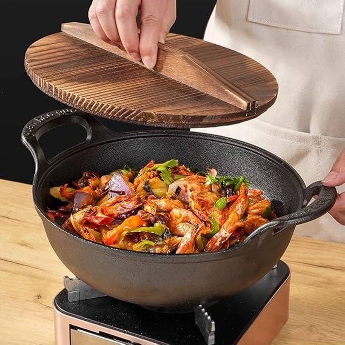 Cast Iron Wok with Handles, Grilling Wok, Use in the Oven, on the Stove, or on the Grill (Wok with Lid 11 inch)