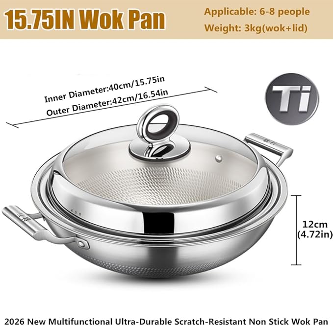 Titanium Hammered Wok with Double Handles, 2026 New Multifunctional Ultra-Durable Scratch-Resistant Non Stick Even Heating Titanium Wok for Cooking,with lid,15.75IN